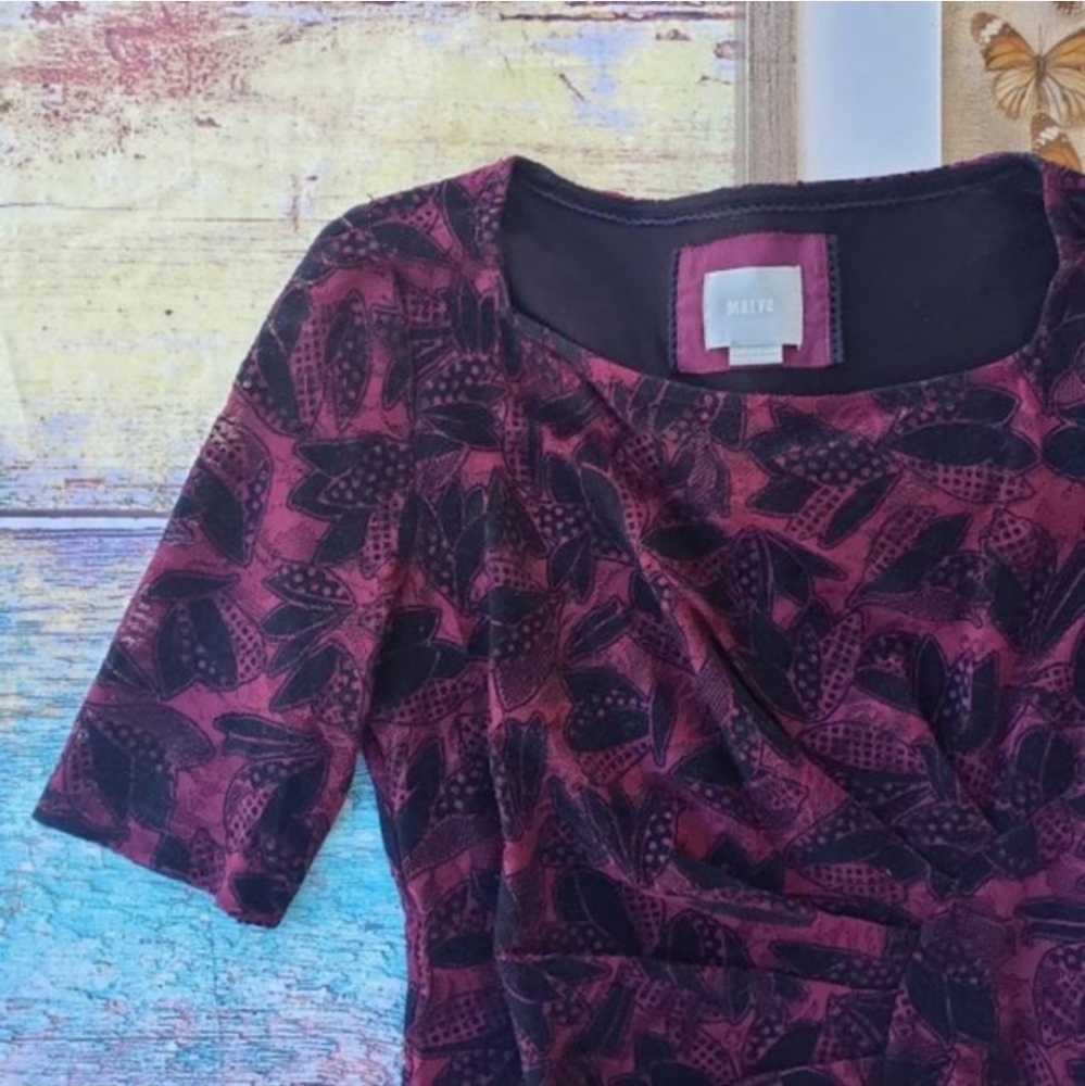 Anthropologie Maeve Elorn Burgundy Draped Front Lace Fitted Sheath Dress 8US - Picture 3 of 7